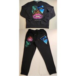 Genuine Authentic Garment Mens Large Black Sweatshirt Pants Set Crewneck Graphic